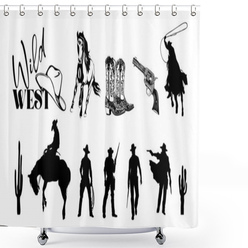 Personality  Wild West Elements Black Silhouettes Set. Cowboy Galloping With Lasso, Shooting From Gun, Cowboy Boots, Hat, Gun. Monochrome Vector Illustrations Isolated On Transparent Background. Shower Curtains