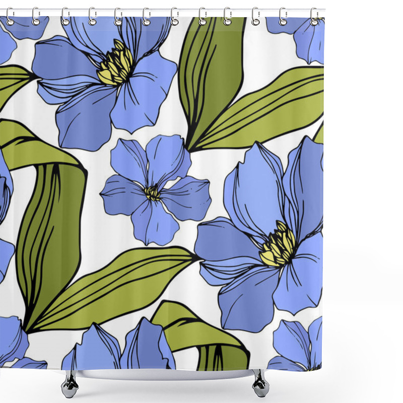 Personality  Vector Flax Floral Botanical Flowers. Blue And Green Engraved Ink Art. Seamless Background Pattern. Shower Curtains