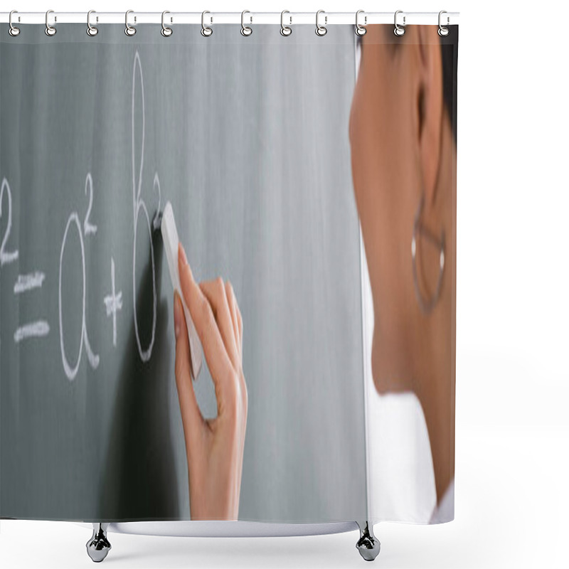 Personality  Cropped View Of Blurred Teacher Writing Mathematic Equation, Banner  Shower Curtains