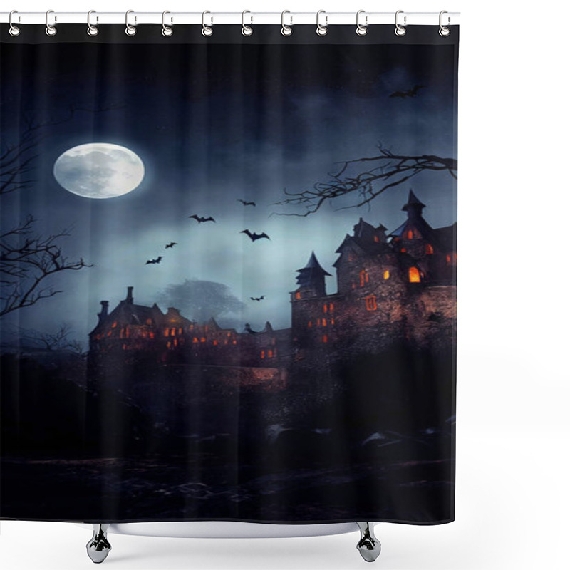 Personality  Medieval Gothic Castle In The Dark Halloween Night With Super Moon And Bats Flying In The Sky Shower Curtains