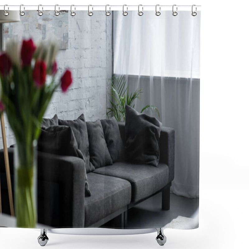 Personality  Selective Focus Of Empty Living Room With Grey Sofa Shower Curtains