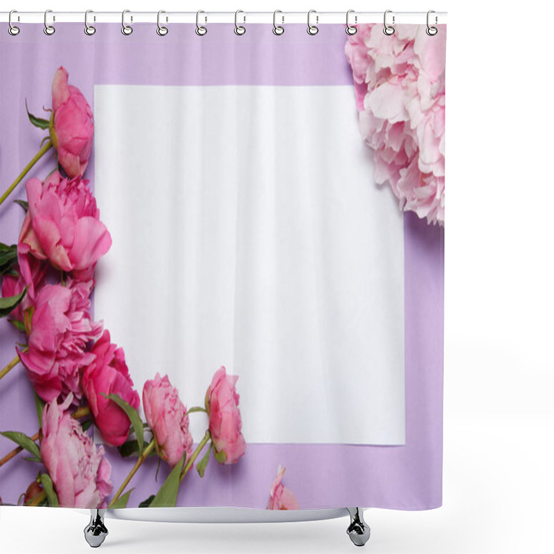 Personality  A Sheet Of Paper Framed By Peonies On A Lilac Background. Shower Curtains