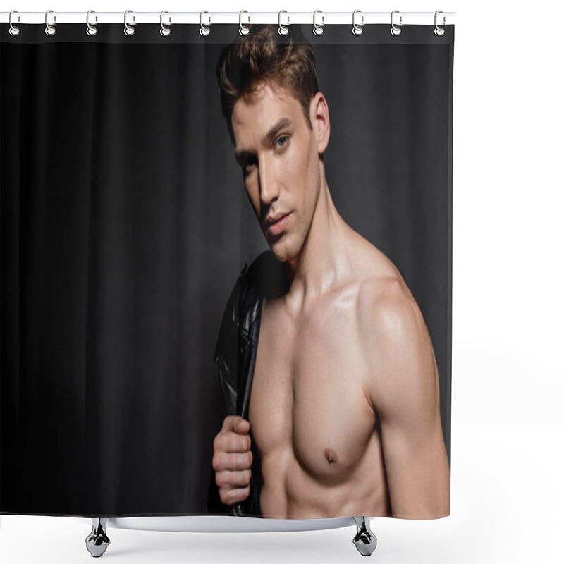 Personality  Sexy Young Man With Muscular Torso And Biker Jacket On Shoulder On Black Background Shower Curtains