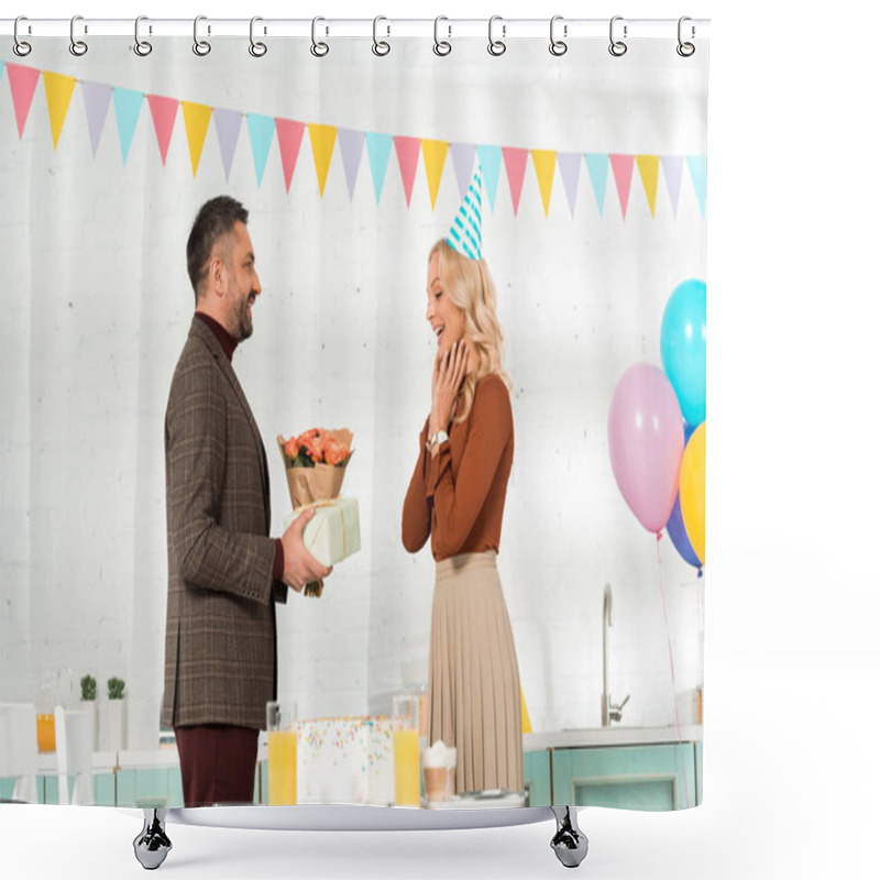 Personality  Smiling Man Presenting Flowers And Gift Box To Amazed Wife Shower Curtains