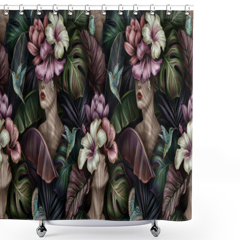 Personality  Tropical Exotic Seamless Pattern With Woman, Monstera, Hibiscus, Bromeliad, Banana Leaves, Palm, Colocasia. Hand-drawn 3D Illustration. Good For Production Wallpapers, Gift Paper, Cloth And Fabric Printing.  Shower Curtains