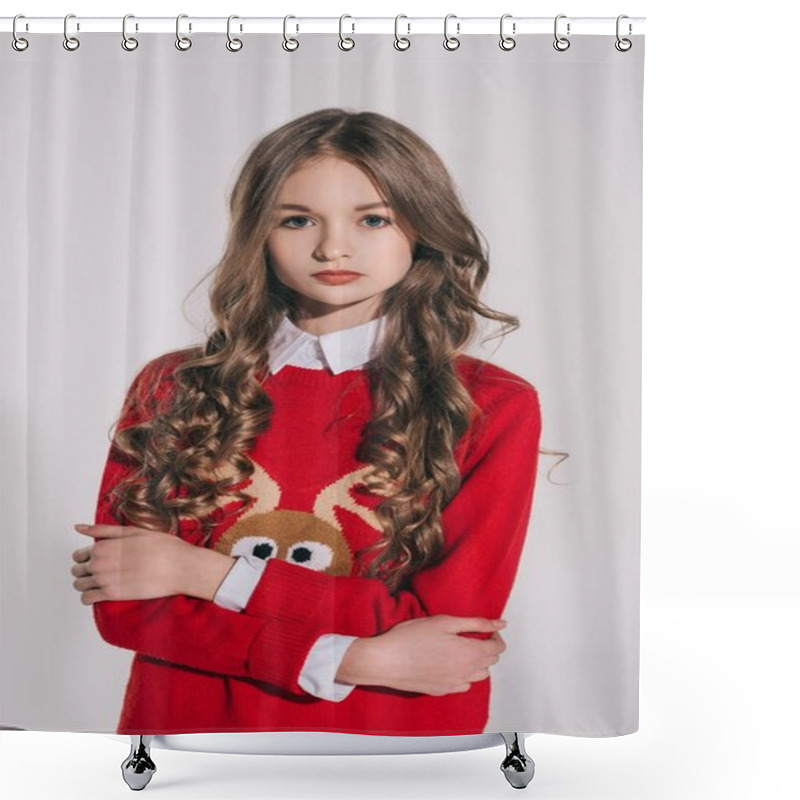 Personality  Girl In Red Sweater With Reindeer Shower Curtains