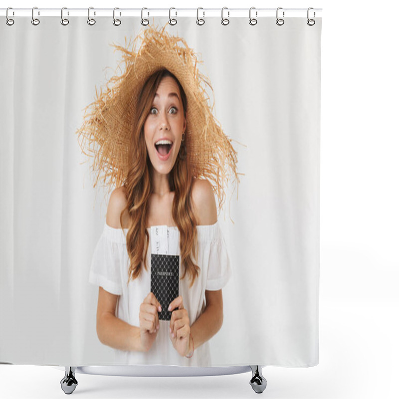 Personality  Portrait Of Excited Summer Woman 20s Wearing Big Straw Hat Rejoicing While Holding Passport With Tickets Isolated Over White Background Shower Curtains