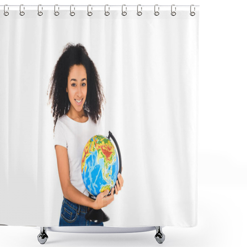 Personality  Cheerful Curly African American Girl Holding Globe Isolated On White Shower Curtains