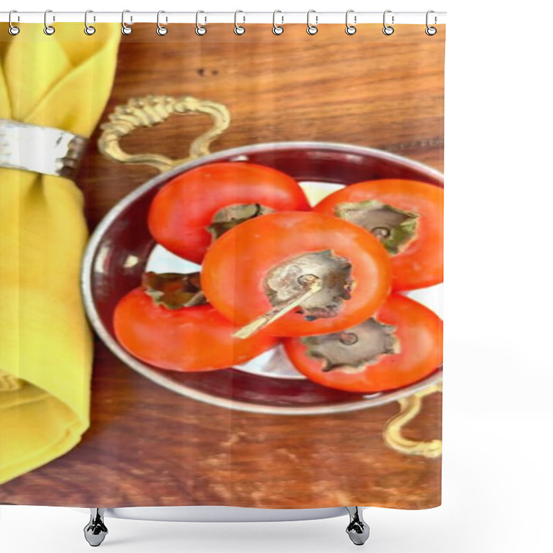 Personality  Rustic Persimmons With Juice And Yellow Napkin Highlight Healthy Lifestyle, Persimmons Radiate Vibrant Tones, Healthy Concepts Promote Eco-friendly Living And Sustainable Harmony Shower Curtains