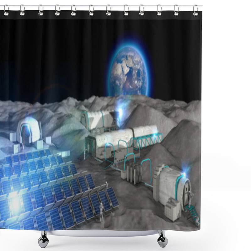 Personality  Lunar Base, Spatial Outpost. First Settlement On The Moon. Space Missions. Living Modules For The Conquest Of Space. 3d Render. The Earth Seen From The Moon Shower Curtains