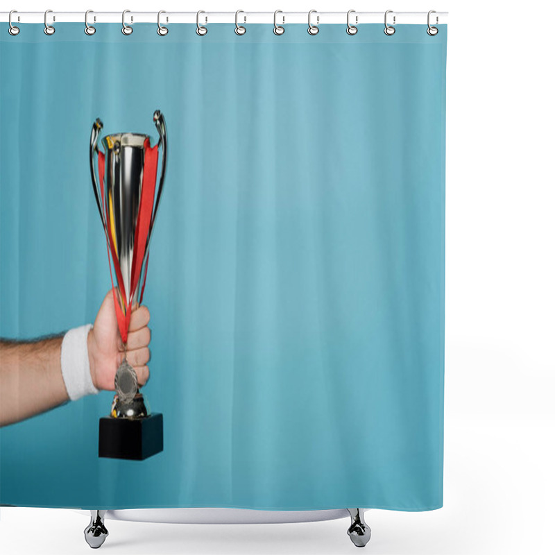 Personality  Cropped View Of Sportsman Holding Trophy With Medal On Blue Shower Curtains