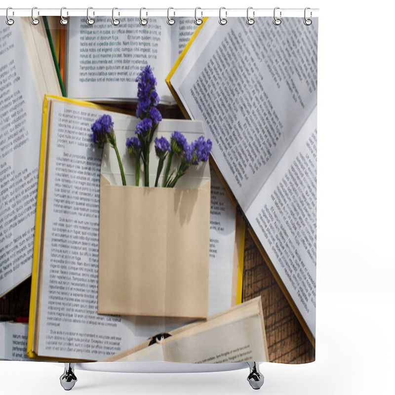 Personality  Top View Of Purple Flowers In Envelope On Pile Of Books  Shower Curtains