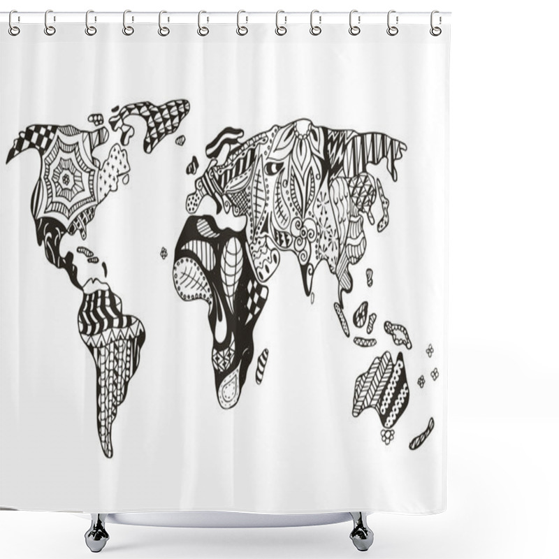 Personality  World Map Zentangle Stylized, Vector, Illustration, Freehand Pencil. Shower Curtains