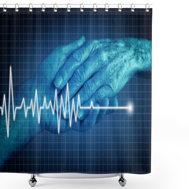 Personality  Euthanasia Terminally Ill Patient Ending Of Life Concept As A Medical Intervention To End Pain And Suffering As A Health Care Symbol As The Hand Of An Elderly Person With An Ecg Or Ekg Flatline On A Monitor Graph In A 3D Illustration Style. Shower Curtains