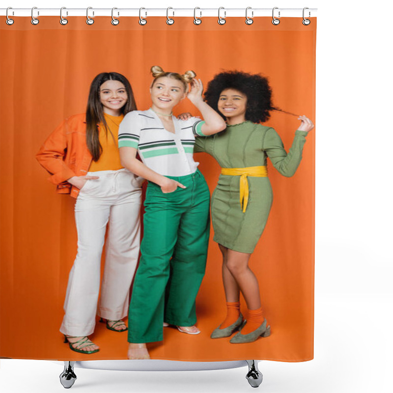 Personality  Full Length Of Cheerful And Confident Multiethnic Teen Girlfriends In Trendy Outfits Posing While Standing Together On Orange Background, Cultural Diversity And Generation Z Fashion Concept Shower Curtains