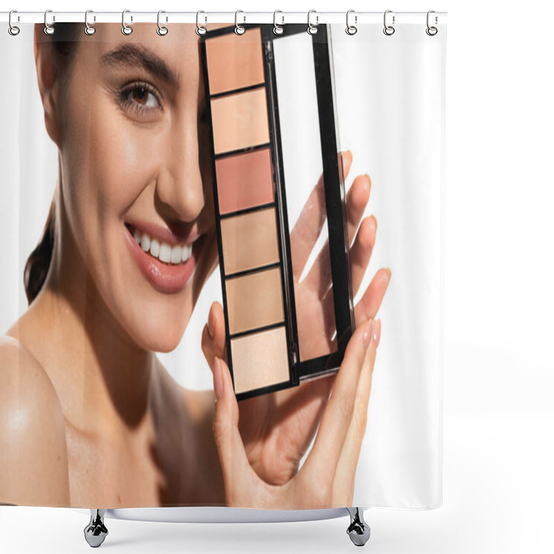 Personality  Smiling Young Woman Covering Eye With Eye Shadow Palette Isolated On White  Shower Curtains