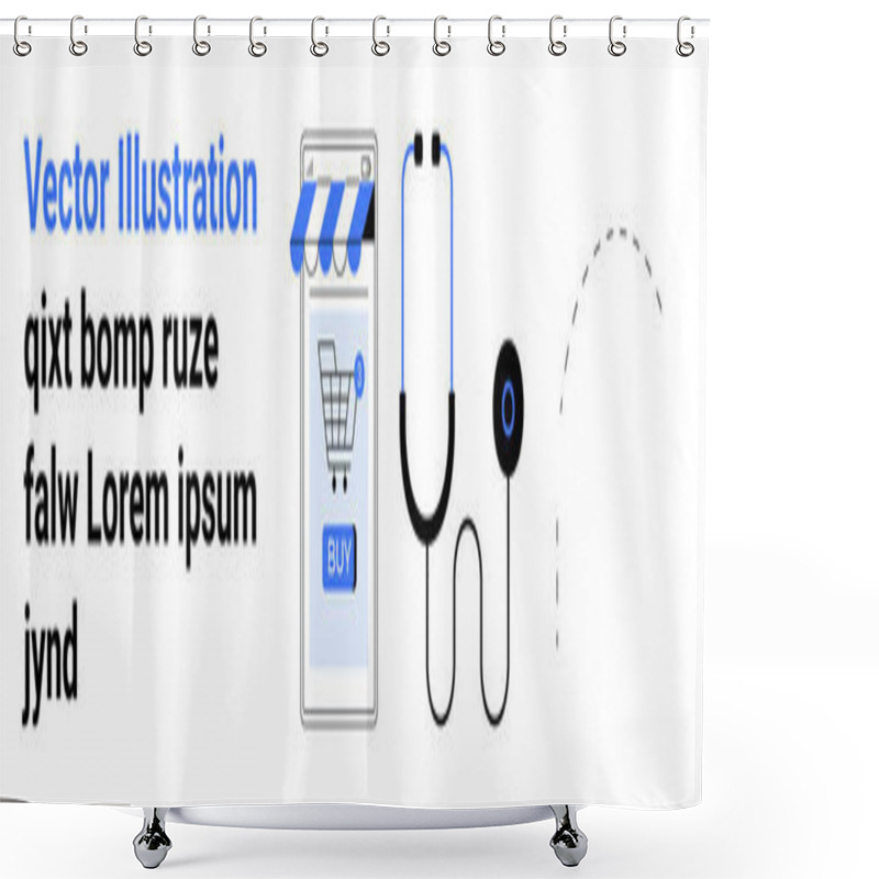 Personality  Smartphone With A Shopping Cart Icon, Blue Stripes, And BUY Button. Black And White Stethoscope Graphic. Ideal For E-commerce, Healthcare, Mobile Apps, Online Stores, Medical Services, Health Apps Shower Curtains