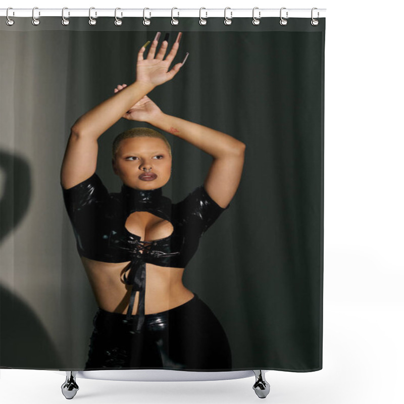 Personality  A Fashionable Young Woman Confidently Poses In Revealing Attire, Exuding Modern Elegance. Shower Curtains