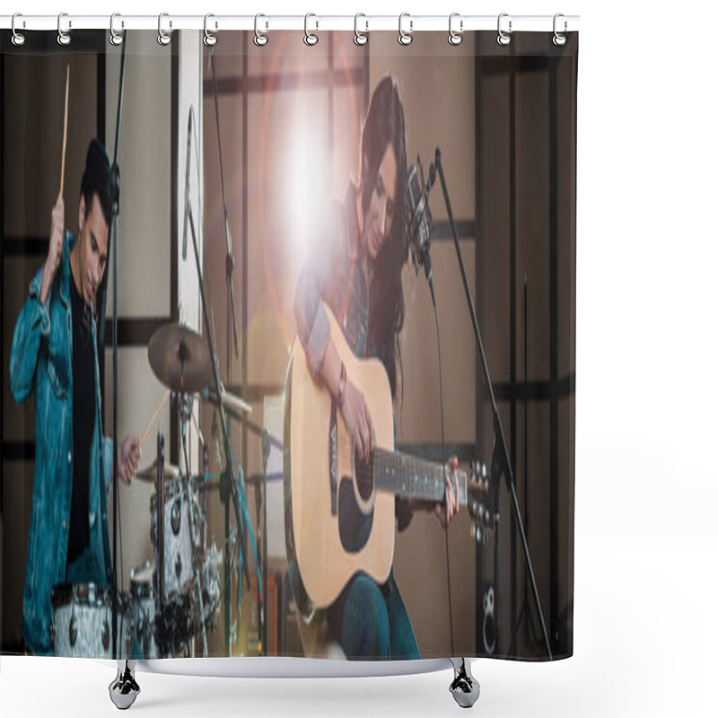 Personality  Panoramic Shot Of Attractive Woman Playing Guitar While Mixed Race Musician Playing Drums In Recording Studio Shower Curtains