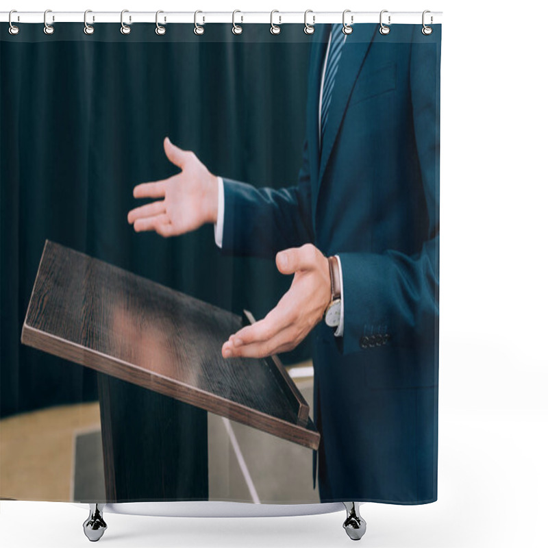 Personality  Cropped Image Of Lecturer Standing And Gesturing At Podium Tribune During Seminar In Conference Hall Shower Curtains