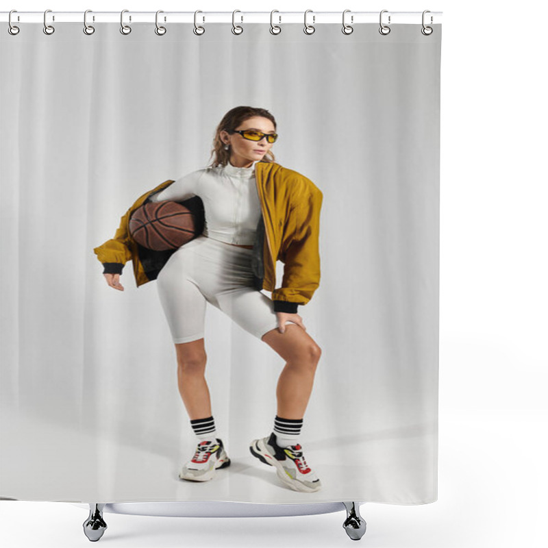 Personality  Basketball Chic Young Woman Exudes Confidence In Stylish Sporty Attire. Shower Curtains