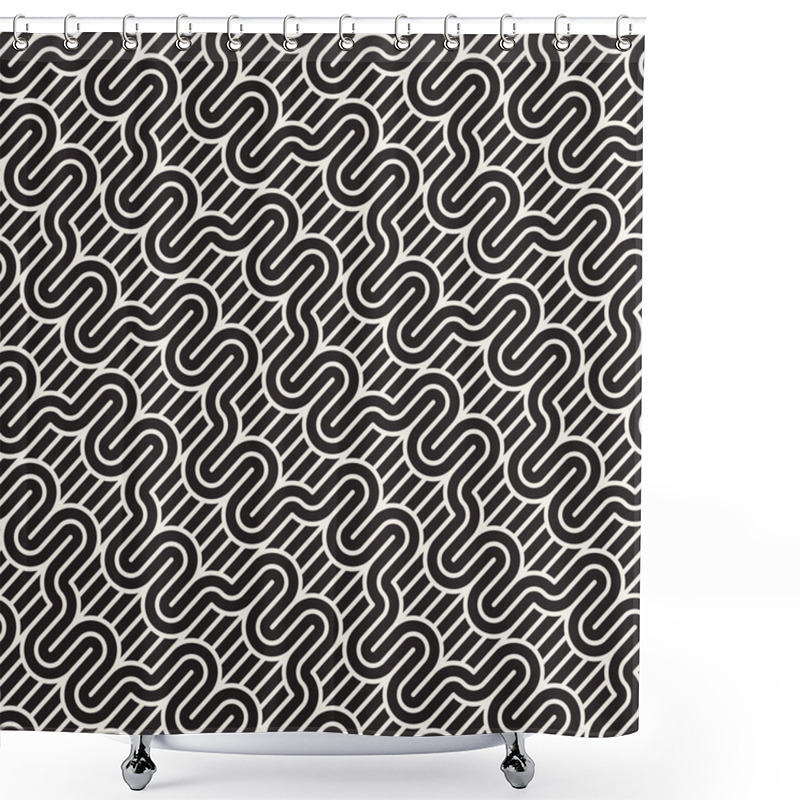 Personality  Vector Seamless Pattern. Modern Stylish Texture. Repeating Abstract Background. Monochrome Geometric Rounded Lines. Shower Curtains