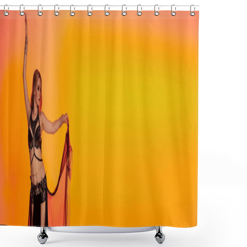 Personality  Woman In Belly Dance Attire Gracefully Holds A String. Shower Curtains