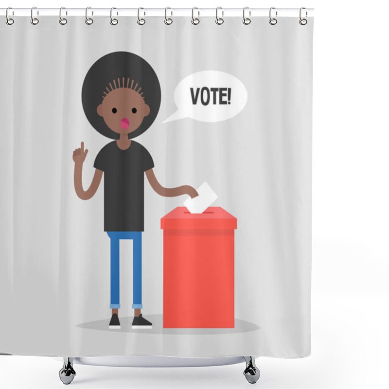 Personality  Vote, Conceptual Illustration. Young Female Black Character Calling For Participation In Elections / Flat Editable Vector Illustration, Clip Art Shower Curtains