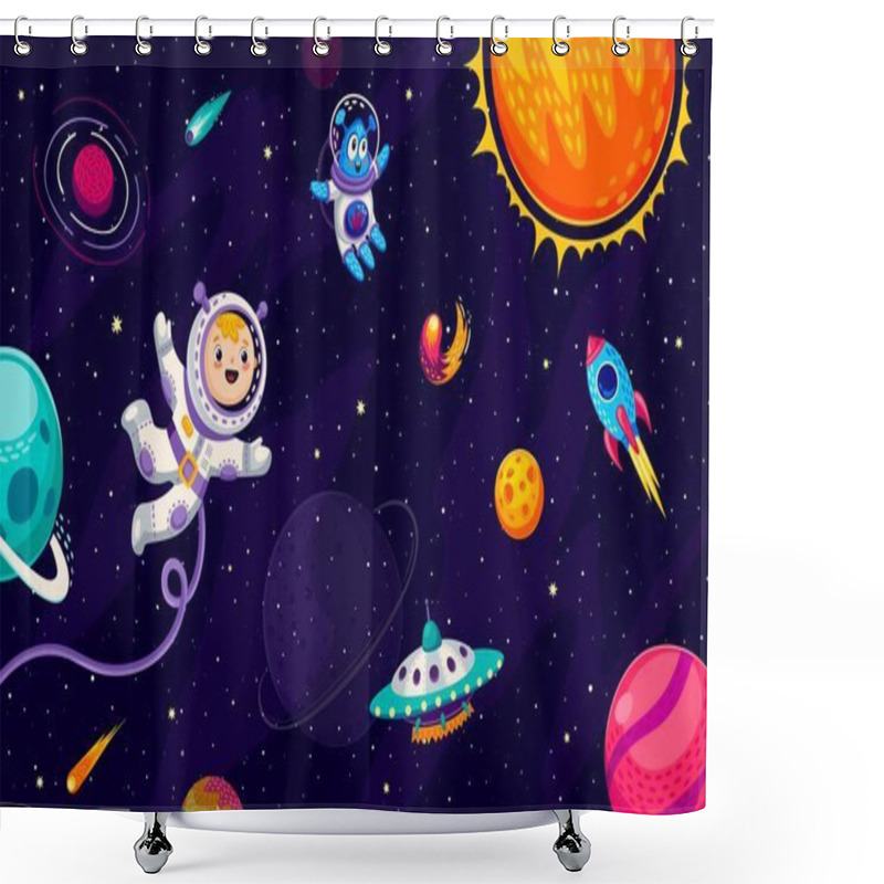 Personality  Cartoon Kid Astronaut, Alien, Ufo And Rocket At Galaxy Space. Vector Little Boy Cosmonaut Character Exploring The Vast Expanse Of The Universe, Floats Among Planets And Encounters Shuttle Or Starship Shower Curtains