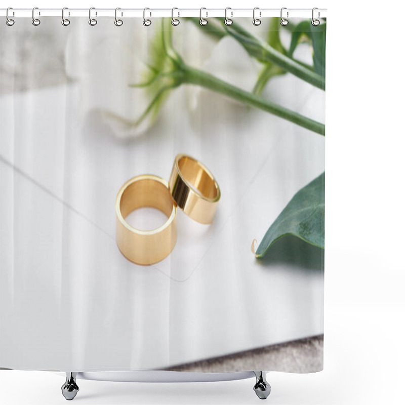 Personality  Golden Wedding Rings On White Envelope Near White Flowers Shower Curtains