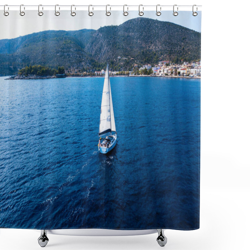 Personality  Sailing Yacht Boat At The Sea. Regatta And Luxury Cruise Yachting Along Greece Coasts.  Shower Curtains