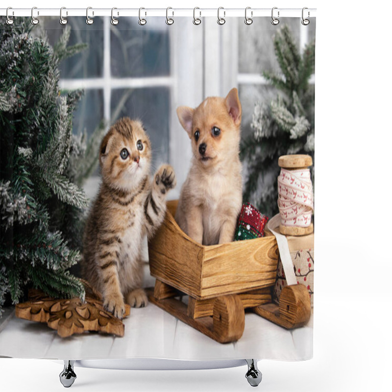 Personality  Puppy And Kitens Christmas, Christmas Pet Animal Shower Curtains