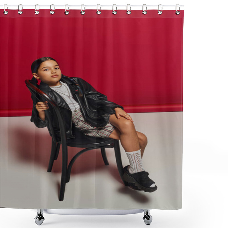 Personality  Full Length Of Fashionable Preteen Girl With Hairstyle Posing In Leather Jacket And Plaid Skirt While Sitting On Chair And Looking At Camera On Red Background, Stylish Preteen Outfit Concept Shower Curtains