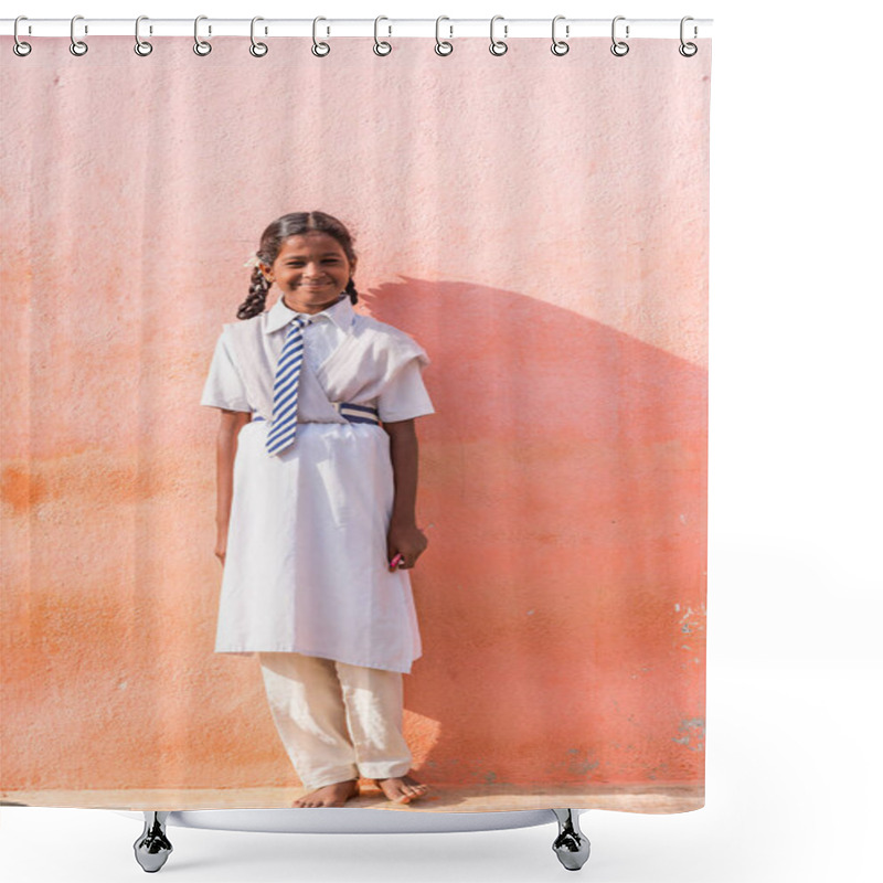 Personality  PUTTAPARTHI, ANDHRA PRADESH, INDIA - JULY 9, 2017: Indian Girl In School Uniform. Copy Space For Text. Vertical. Shower Curtains