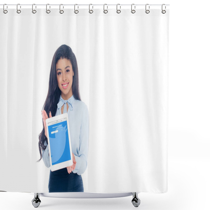 Personality  Beautiful Young African American Woman Holding Digital Tablet With Twitter Application On Screen And Smiling At Camera Isolated On White   Shower Curtains