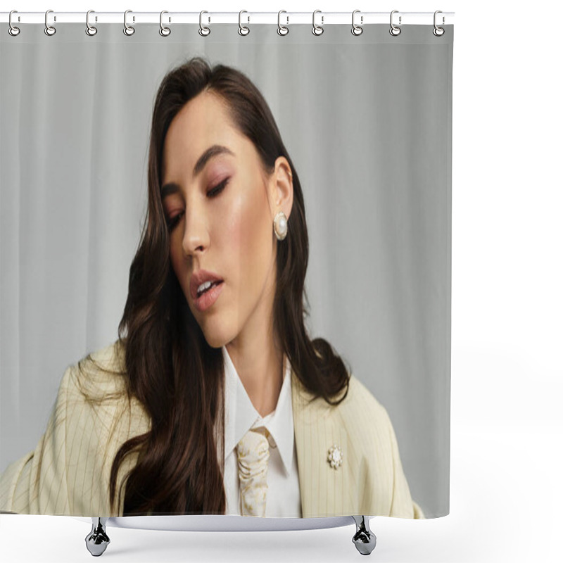 Personality  A Young Woman Effortlessly Shows Off Her Stylish Outfit In A Modern Setting. Shower Curtains