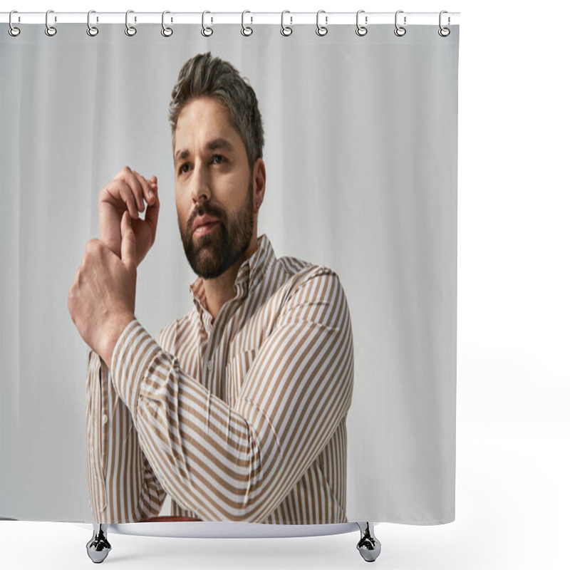 Personality  A Stylish Man With A Beard Strikes A Pose In A Striped Shirt Against A Gray Studio Backdrop. Shower Curtains