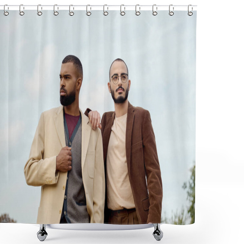 Personality  Two Handsome Men Showcase Their Fashionable Autumn Outfits, Posing Confidently In A Tranquil Field Setting. Shower Curtains