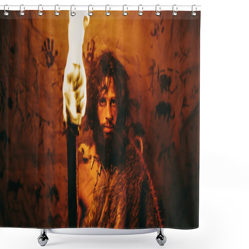 Personality  Portrait Of Primeval Caveman Wearing Animal Skin Standing In His Cave At Night, Holding Torch With Fire. Primitive Neanderthal Hunter Homo Sapiens At Night Alone. In The Background Cave Art Drawings Shower Curtains