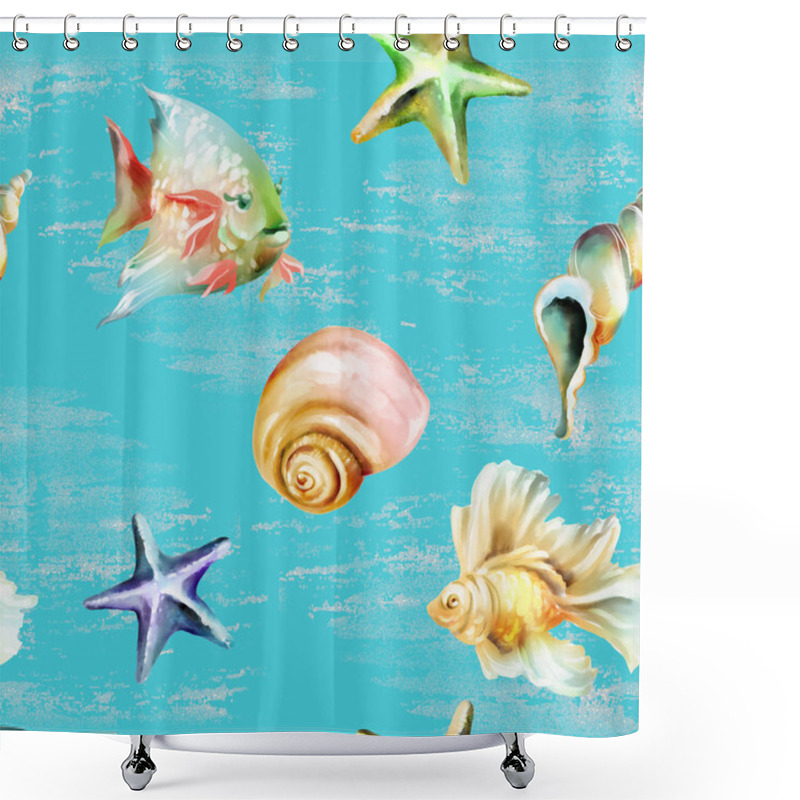 Personality  Beautiful Underwater Sea Seamless Pattern With Glitter Fishes, Seashells And Starfishes On Blue Background Shower Curtains