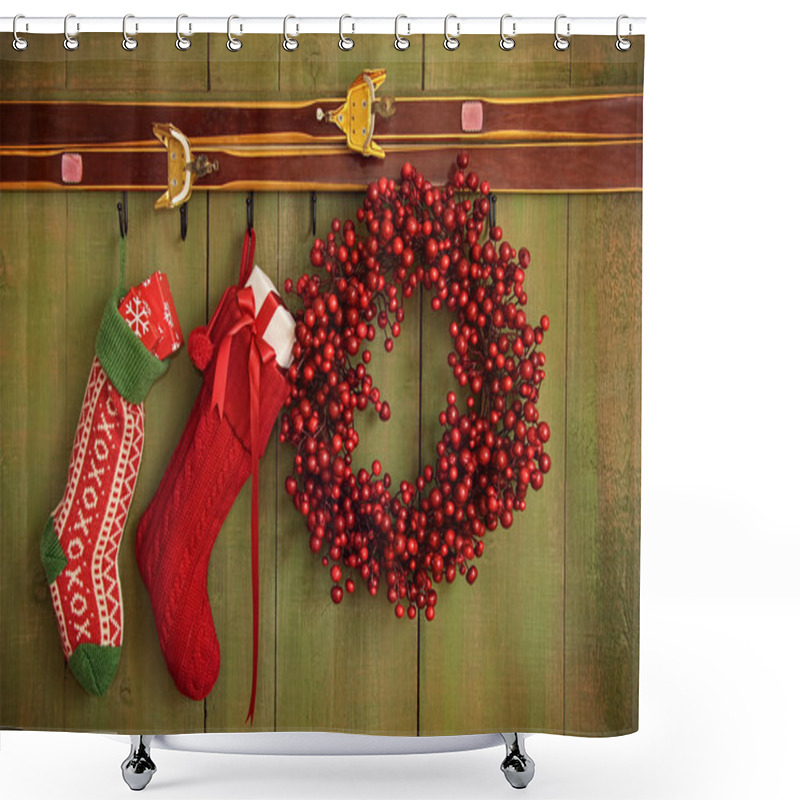 Personality  Christmas Stockings And Wreath Hanging On Wall Shower Curtains