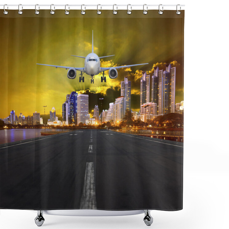 Personality  Passenger Air Plane Landing In Urban Airport Against Sunset And Beautiful Dramatic Sky Use For Transportation By Aircraft And Transport Business Theme Shower Curtains