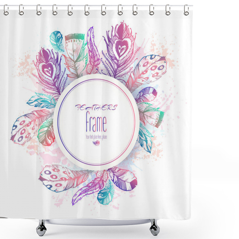 Personality  Hand Drawn Round Template With Bird Feathers Shower Curtains