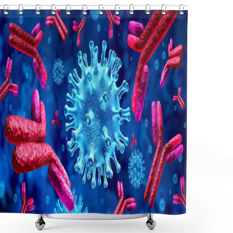 Personality  Antibody Virus Fighting Immune System And Immunoglobulin Science Concept As Antibodies Attacking Contagious Virus Cells And Pathogens As A 3D Render. Shower Curtains