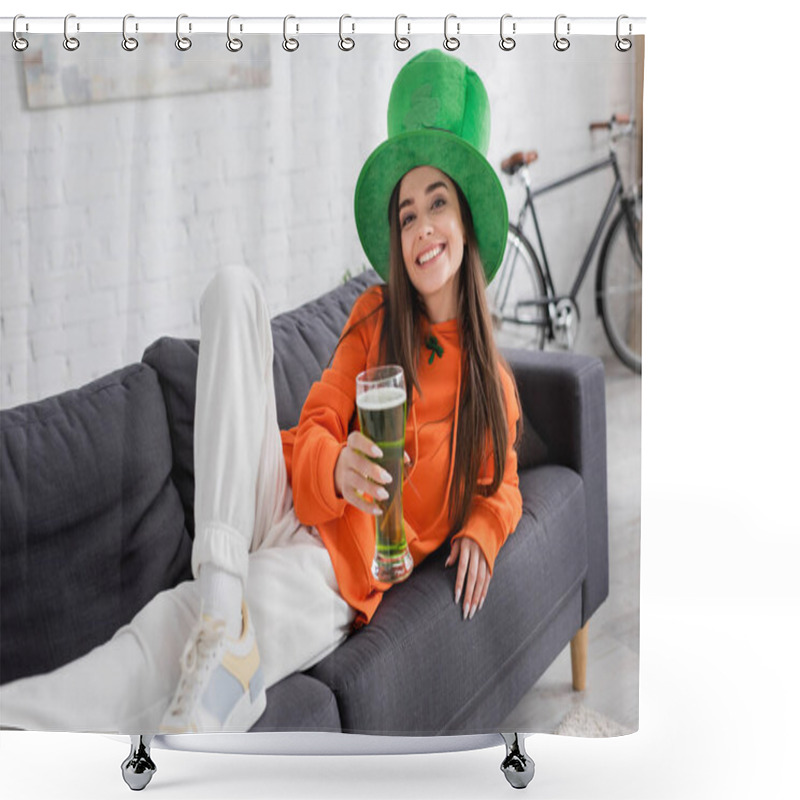 Personality  Smiling Young Woman In Green Hat Holding Beer While Lying On Couch  Shower Curtains