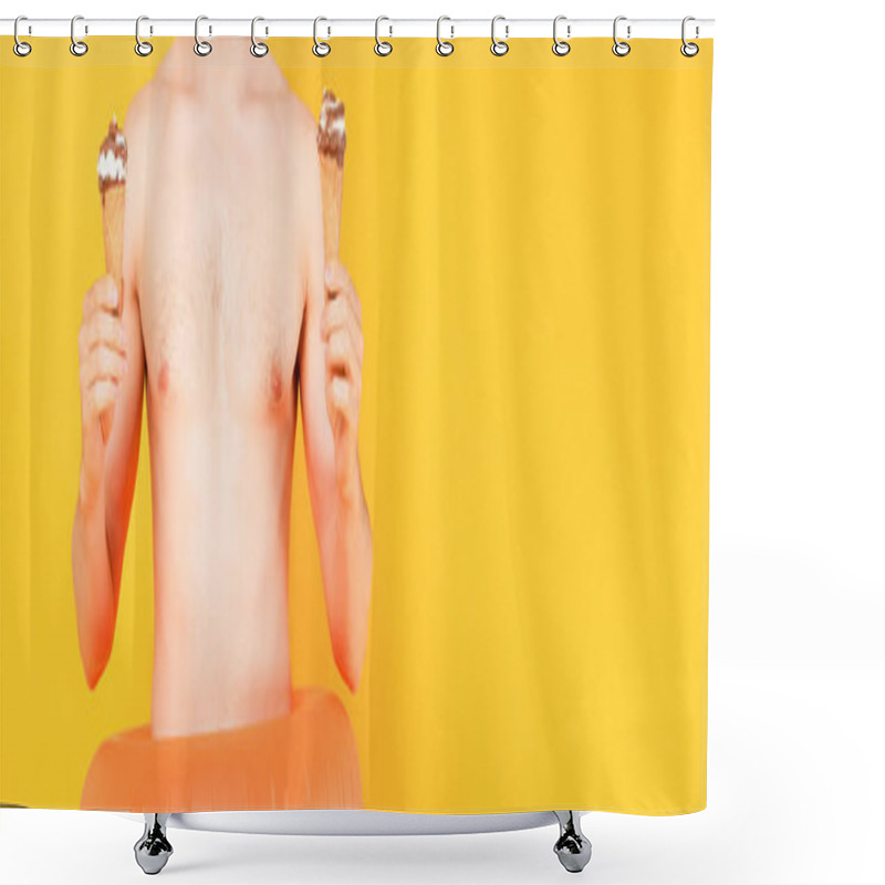 Personality  Panoramic Crop Of Shirtless Man Holding Ice Cream Cones Isolated On Yellow Shower Curtains