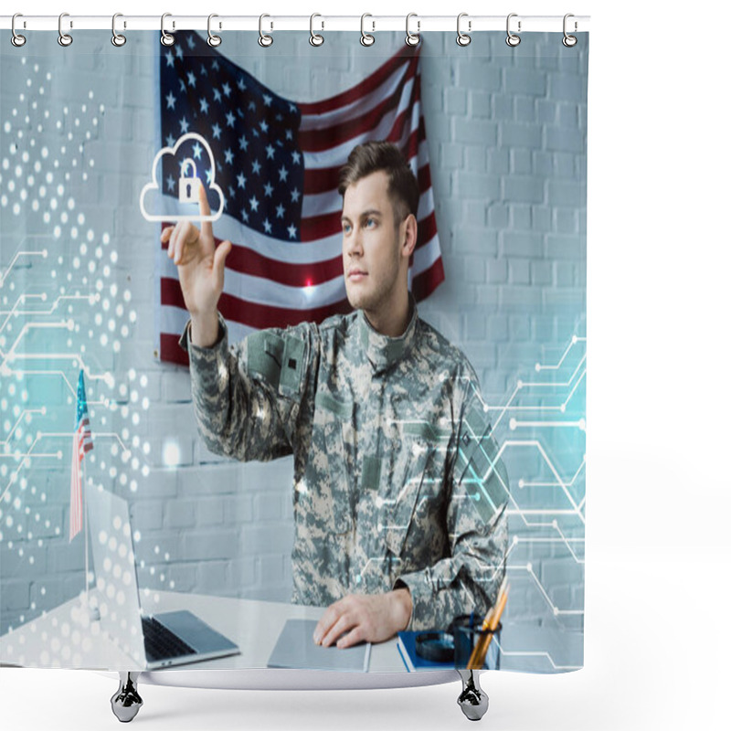 Personality  Handsome Man In Military Uniform Pointing With Finger At Cloud With Padlock Shower Curtains