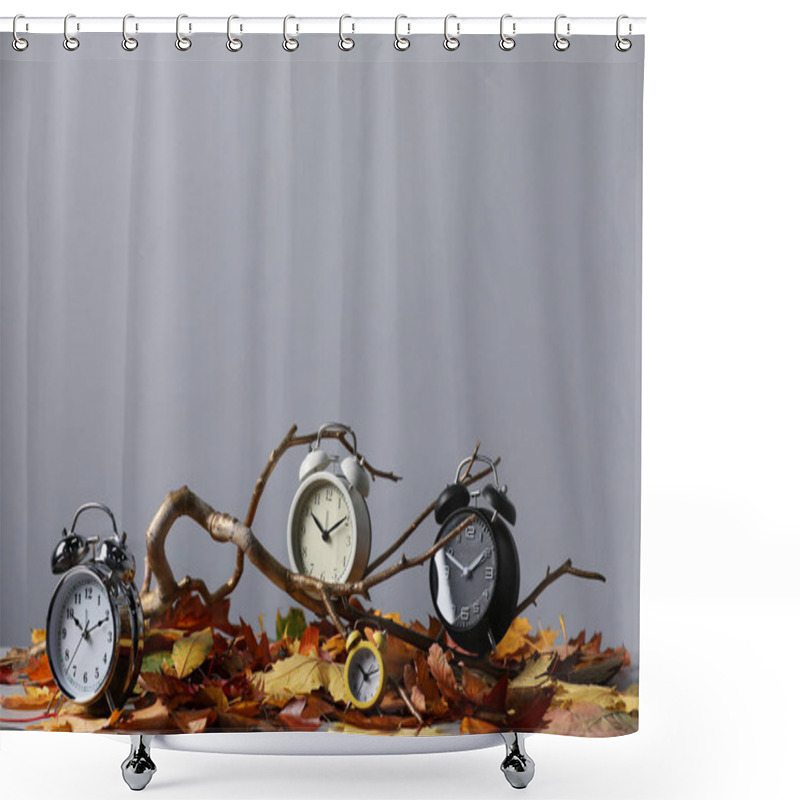 Personality  Alarm Clocks, Branch And Dry Leaves On Light Grey Background, Space For Text Shower Curtains