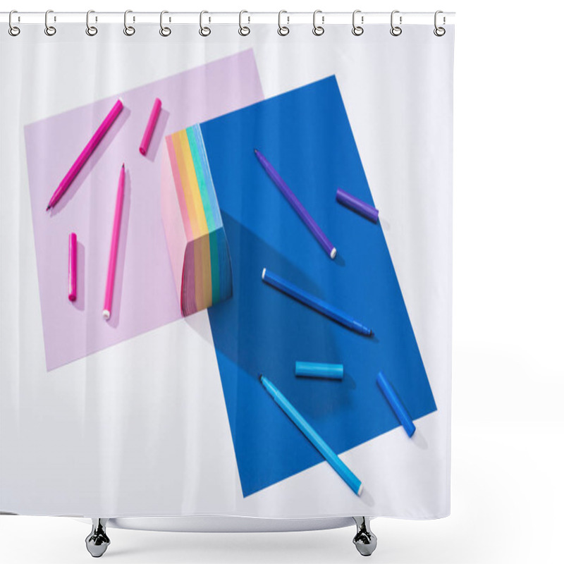 Personality  High Angle View Of Papers, Sticky Notes And Felt Tip Pens On White Background  Shower Curtains