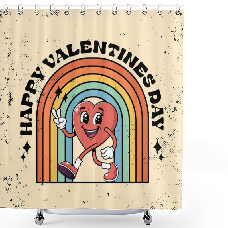 Personality  Vintage Retro Cartoon Wind-up Walking Smiling Heart Mascot With Rainbow. Trendy Retro Romantic Mascot. Funny 70's Comic Style. Retro Vintage Valentine's Day Banner. Happy Valentine's Day. Shower Curtains